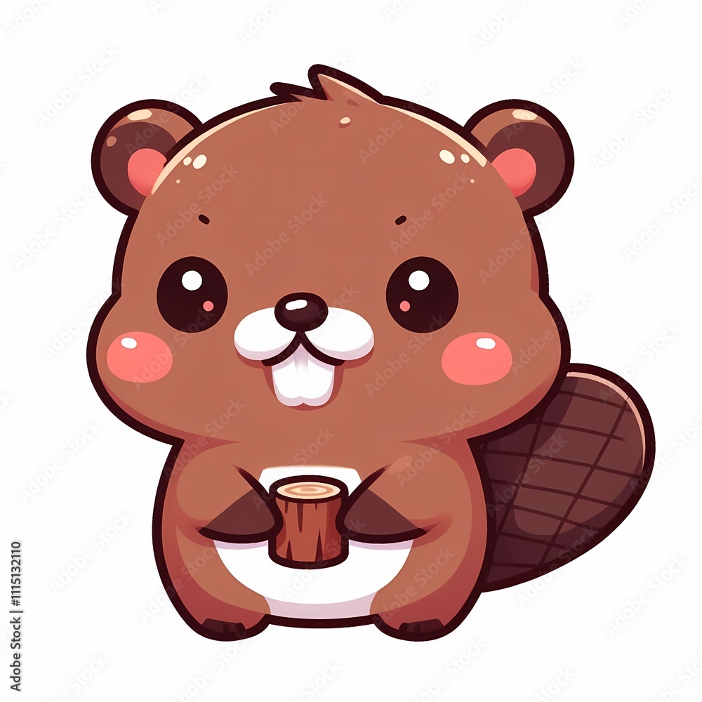 Fototapeta premium Chibi Beaver Illustration in Flat Style on White Background