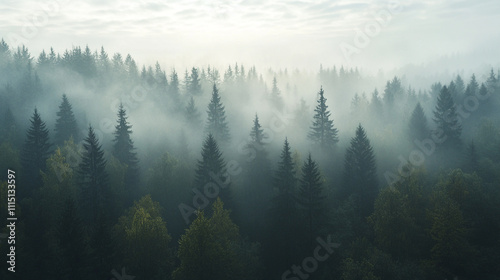 Misty forest landscape with towering coniferous trees in the morning light