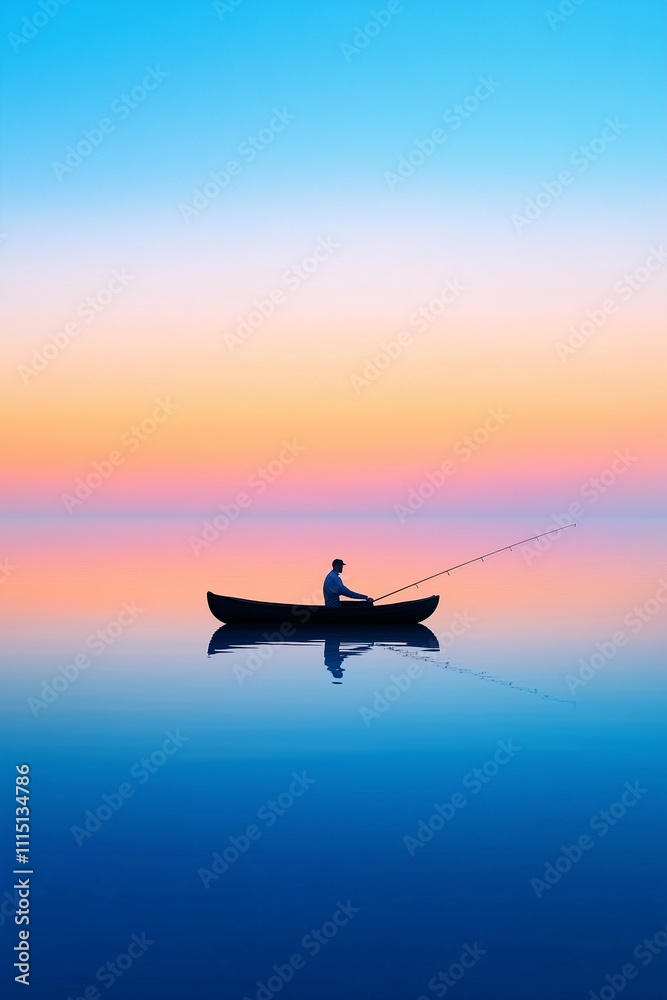 Fototapeta premium Calm interior picture of fishing from a boat in calm water, relaxation, hobby and quiet holiday concept, free copy space