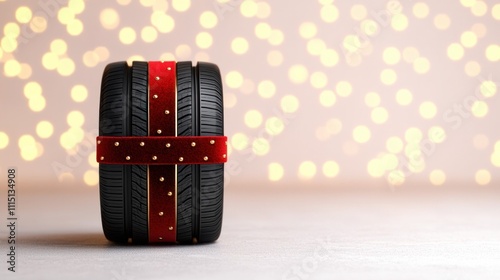 A festive tire wrapped in a red ribbon sits against a sparkling background, blending automotive themes with holiday cheer. photo