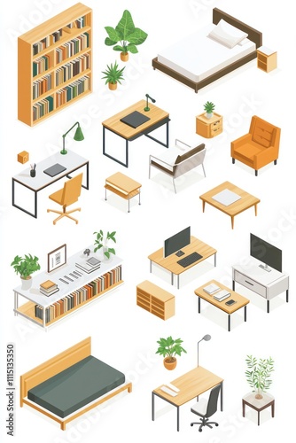 2D set of isometric illustrations of furniture items, such as desks and bookshelves.