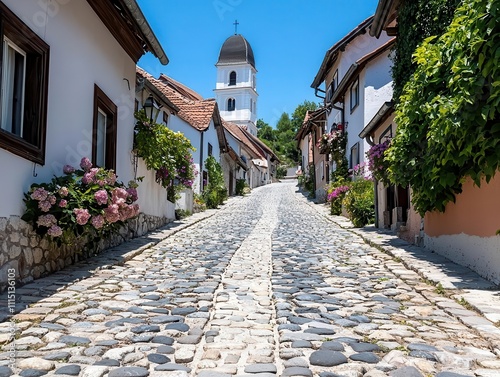 Cobblestone village road with a stone church in the background, traditional houses, and blooming gardens