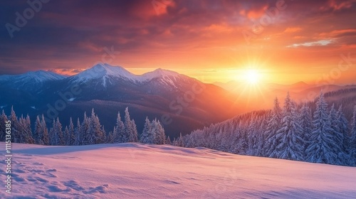 Glistening snow blankets a serene landscape as the sun rises, casting a warm glow over majestic peaks and towering evergreens, creating a magical winter atmosphere