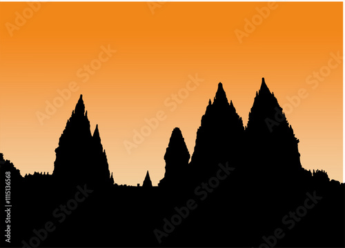 Vector illustration of Prambanan temple image, the largest Hindu temple, silhouette of Prambanan temple