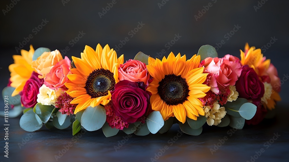 Fototapeta premium Exquisitely Crafted Sunflower and Rose Flower Crown a Stunning Botanical Accessory Perfect for Summer Festivals Weddings and Boho Inspired Occasions