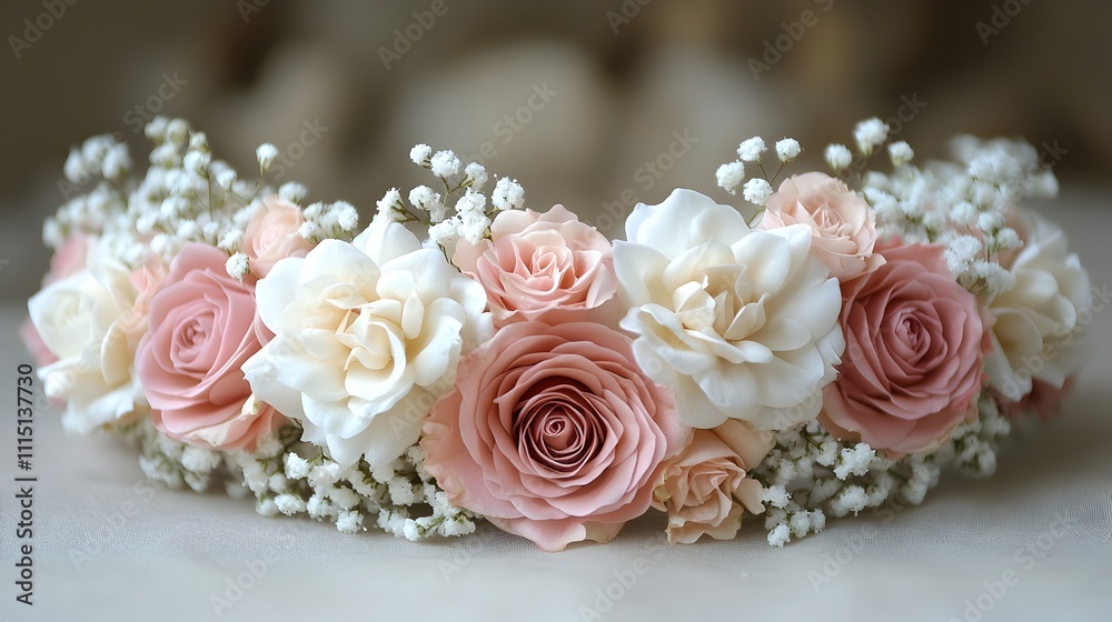 Obraz premium A beautifully crafted flower crown made with delicate white and pink roses surrounded by lush baby s breath perfect for adding a romantic elegant touch to weddings bridal showers