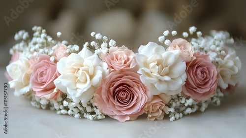 A beautifully crafted flower crown made with delicate white and pink roses surrounded by lush baby s breath perfect for adding a romantic elegant touch to weddings bridal showers