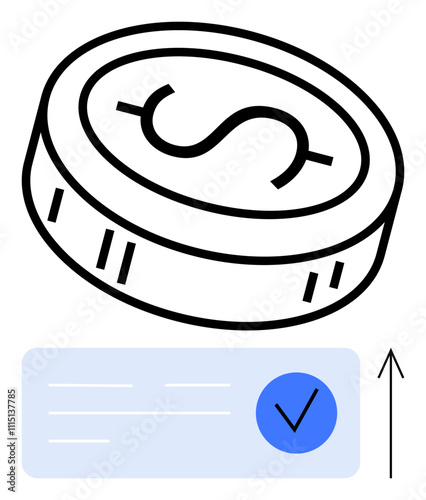 Dollar coin with checklist and checkmark, arrow pointing up, represents financial growth, money, risk, investment, wealth, progress. Ideal for finance business banking savings strategy success