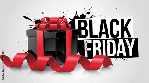 Black Friday gift box design with red ribbon and splatter art on a light background