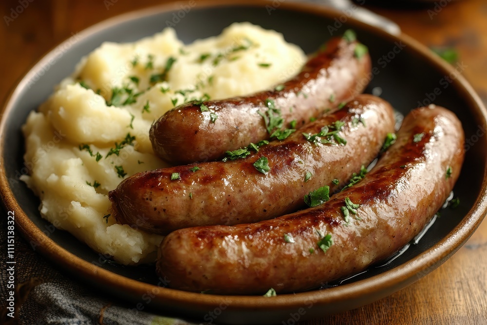 Grilled sausages served on creamy mashed potatoes, garnished with fresh parsley. Perfect for illustrating comfort food, hearty meals, or pub fare. Grilled sausages served on creamy mashed potatoes, garnished with fresh parsley. Perfect for illustrating comfort food, hearty meals, or pub fare.
