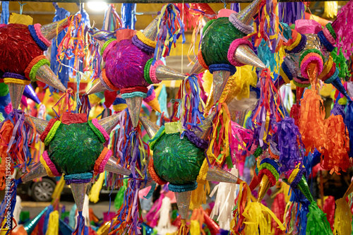 Piñatas season in a Mexican market, piñata background in christmas photo