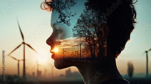 Dynamic double exposure overlaying wind turbines and a person silhouette, with sunlight filtering through the blades for a futuristic fee photo