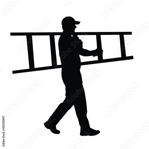 Silhouette of worker carrying a ladder