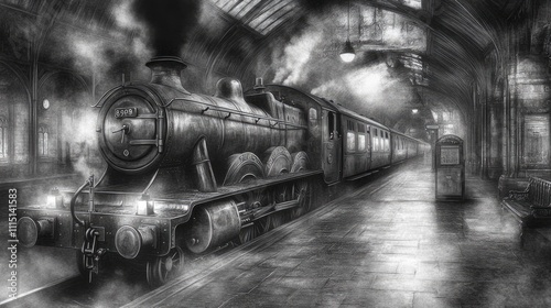 Vintage steam train in misty railway station photo