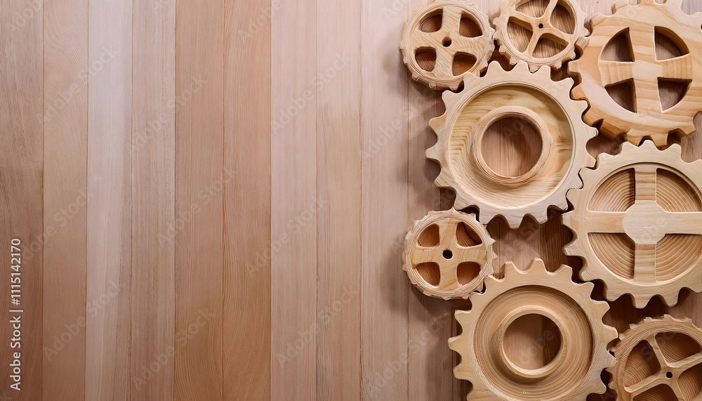 Fototapeta premium Wooden gears, precisely crafted for mechanical device, 3D illustration, woodwork, carpentry, technique.