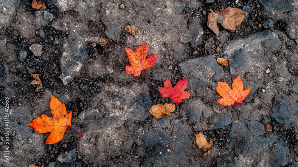 Colorful autumn leaves scattered on a rocky surface during fall season Colorful autumn leaves scattered on a rocky surface during fall season
