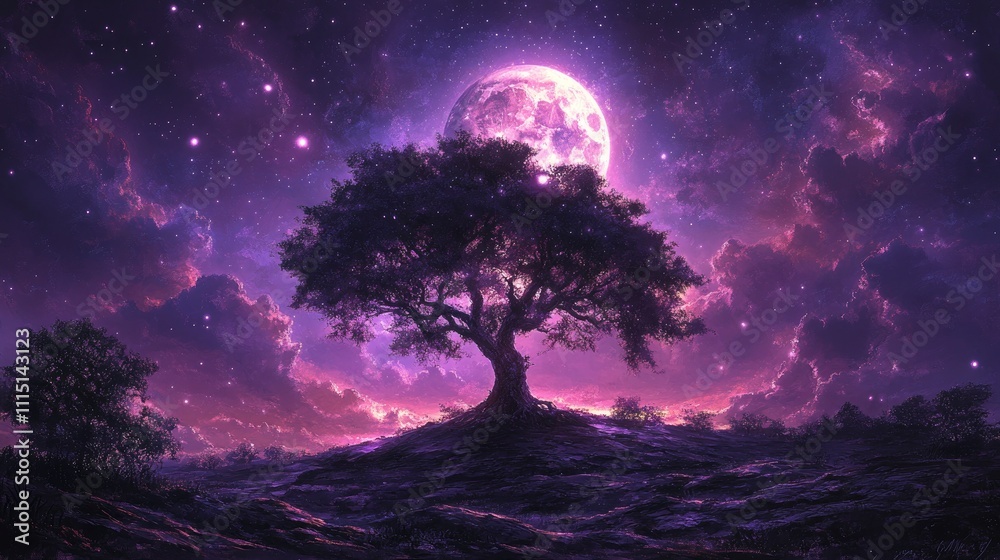 Enchanted night landscape with towering tree and moon Enchanted night landscape with towering tree and moon