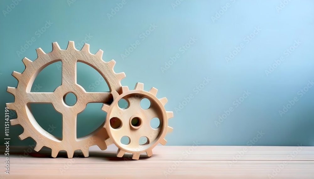 Fototapeta premium Wooden gears, precisely crafted for mechanical device, 3D illustration, woodwork, carpentry, technique.