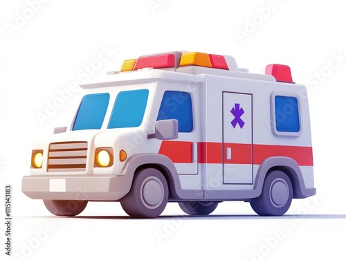 Cartoon Ambulance Drives Safely to Help, Emergency Vehicle 3D Render, Medical Transport