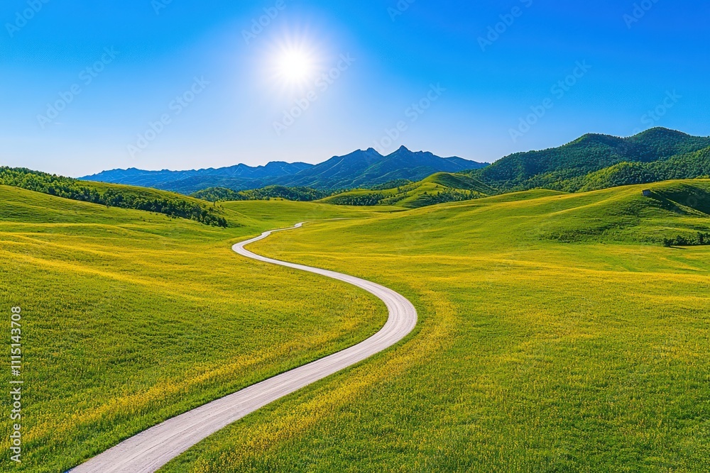 Naklejka premium Scenic Drive through Bordering Grasslands: Serene Landscape with Road Amidst Lush Greenery