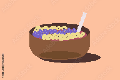 Single Acai Bowl with Banana and Blueberry Topping on Orange Background, Pixel Art Style Illustration