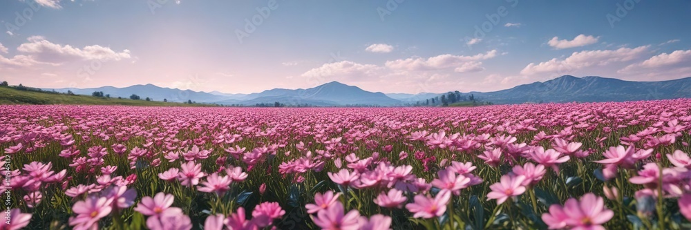 Obraz premium Field of pink flowers with blue sky in the background, pink flowers, petals