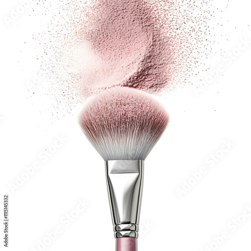 Makeup brush with pink blush powder splashing in the air against a clean white background, showcasing beauty and cosmetic artistry in a striking display photo