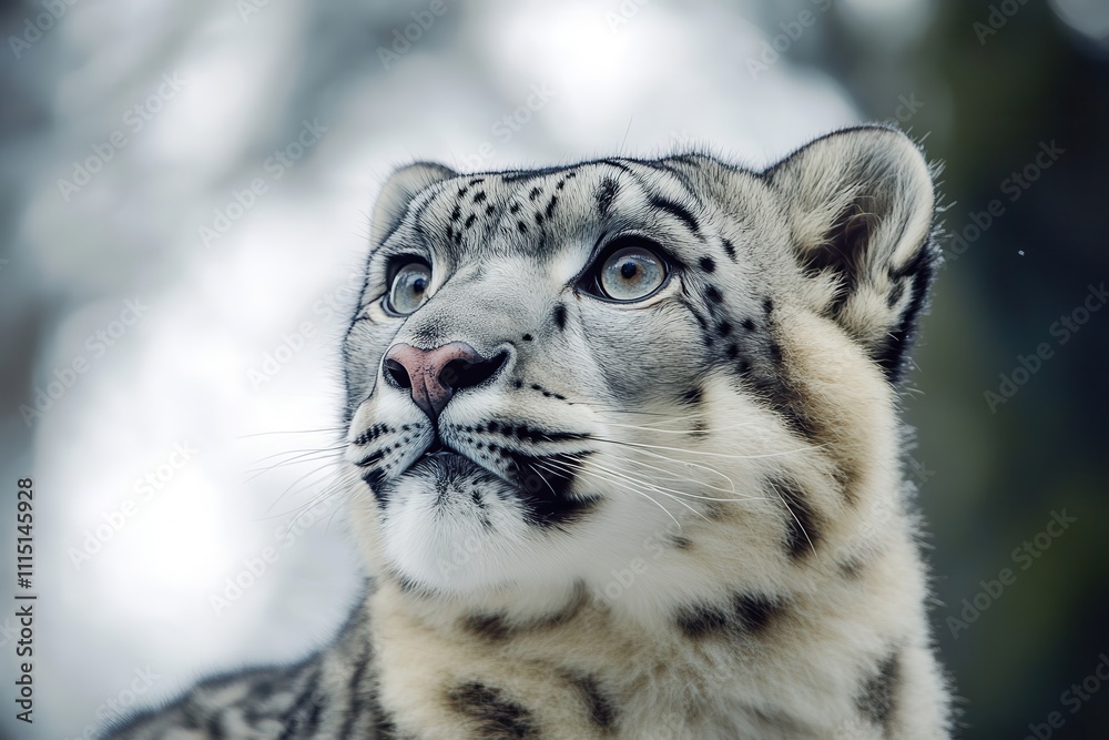 Close-up of a snow leopard's face, gazing upward. Perfect for wildlife, nature, or animal themed projects needing a majestic feel. Close-up of a snow leopard's face, gazing upward. Perfect for wildlife, nature, or animal themed projects needing a majestic feel.