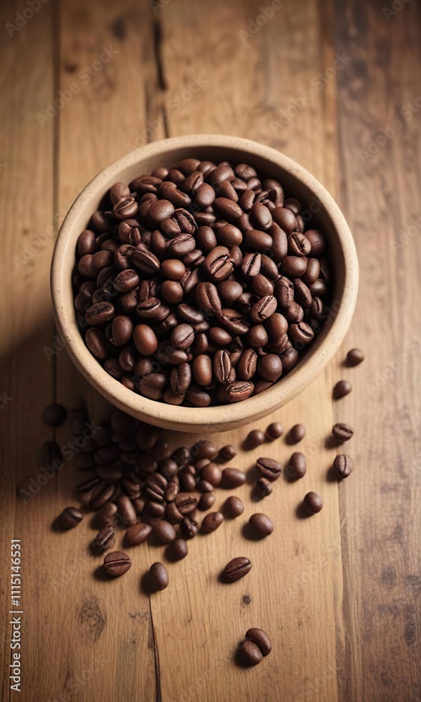 Fototapeta premium A small bowl filled with coffee beans on a vintage wooden table, tablescape, antique