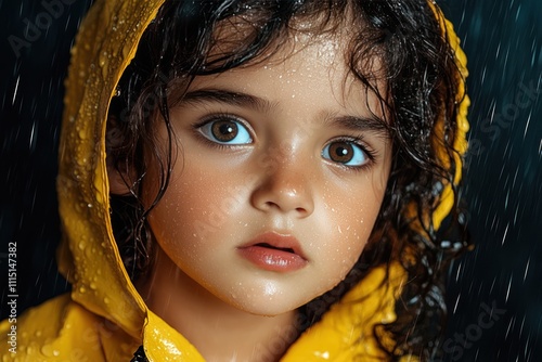 Cheerful Child in Yellow Raincoat Against Gray Sky Background photo