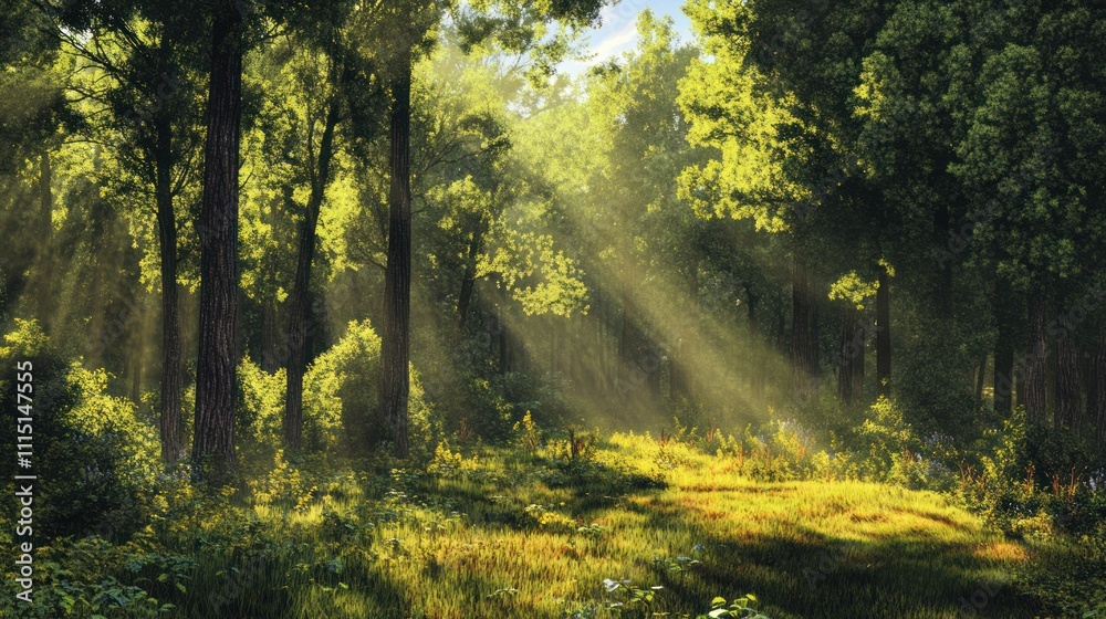 Fototapeta premium Sunlight Beams Through the Forest