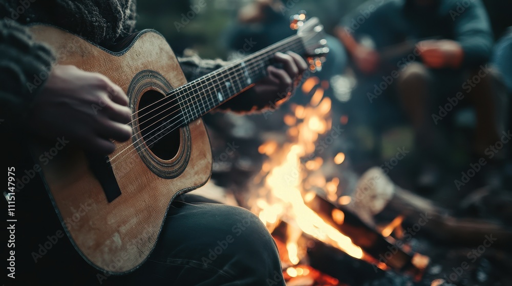 Fototapeta premium Close-up of person playing acoustic guitar by campfire. Perfect for concepts of music, camping, and relaxation.
