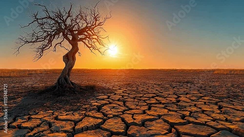 Dead tree on parched desert ground with a vivid orange sunset in the background.