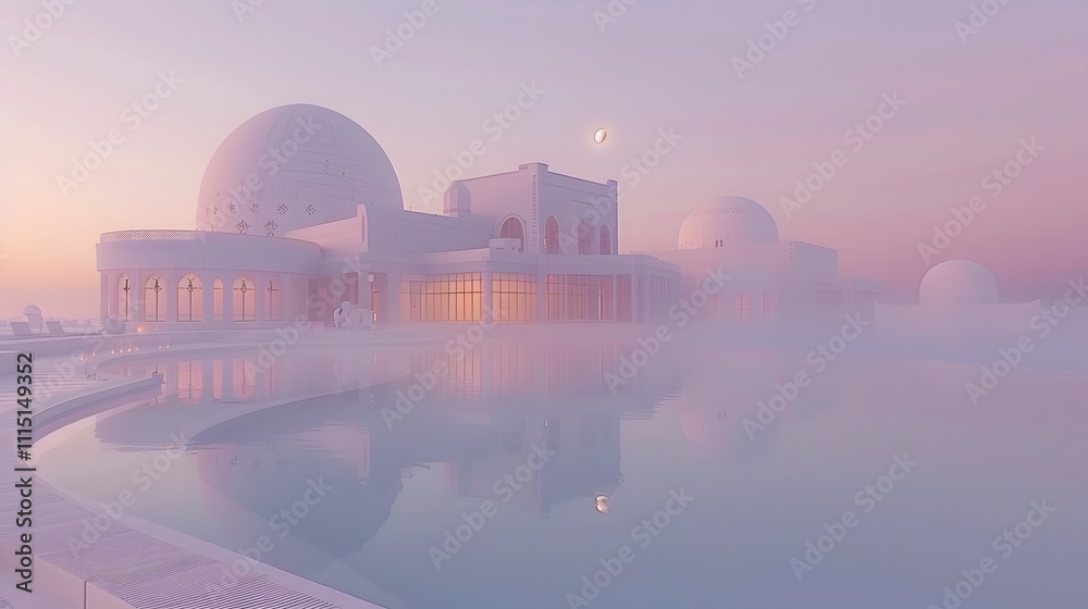 Obraz premium Misty sunrise over a luxurious white resort with a reflecting pool.