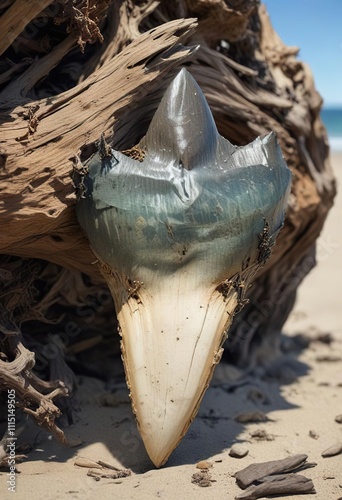 Large fossil Megalodon tooth found in a piece of driftwood with seaweed , shark fossil, Carcharocles megalodon, megalocon photo