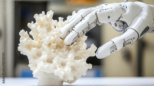 Robot hand touching coral sculpture in modern setting