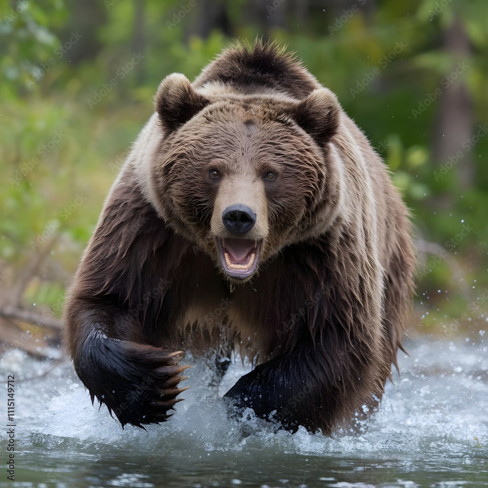 Angry grizzly bear in rage sprinting in water towards camera Angry grizzly bear in rage sprinting in water towards camera