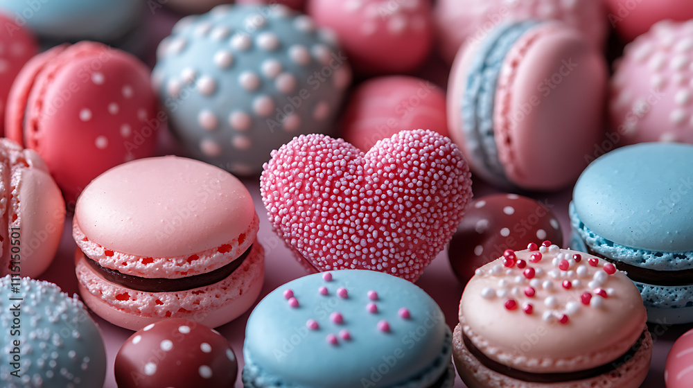 Fototapeta premium A pastel wonderland of heart-shaped candies, macarons, and chocolates, radiating sweetness and playful charm for Valentine’s celebration