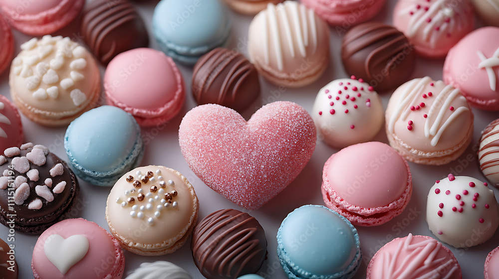 Fototapeta premium A pastel wonderland of heart-shaped candies, macarons, and chocolates, radiating sweetness and playful charm for Valentine’s celebration