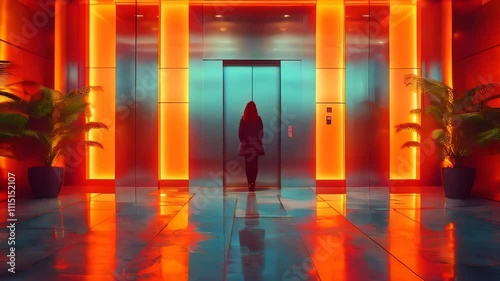 Push-in shot of female person silhouette near elevator doors in modern residential complex lobby. Interior of modern entrance near modern elevator with orange glowing panels and plants.