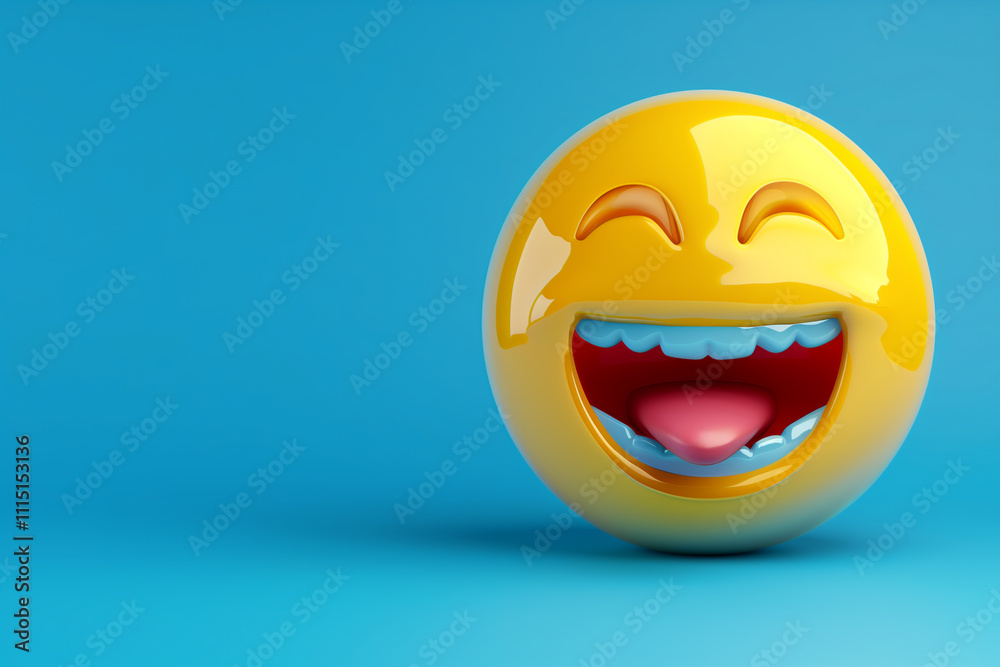 3d rendering of a shiny yellow emoji with big grin and tongue out on a blue gradient background 3d rendering of a shiny yellow emoji with big grin and tongue out on a blue gradient background