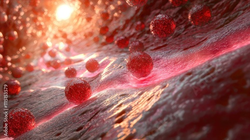 A dynamic visualization of sunscreen particles being absorbed into the skin at a microscopic level. The particles spread out and dissolve into the skin cells