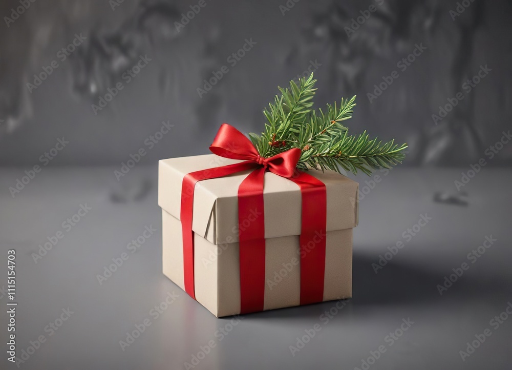 Obraz premium A beautifully wrapped Christmas gift box with a bright red ribbon and a greenery sprig in the corner, holiday season, gifts
