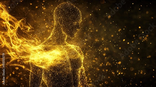 A human body absorbing yellow nutrients, with glowing, yellow particles entering and being absorbed by the body. The nutrients are shown 