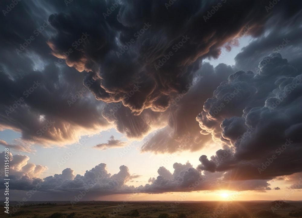 Obraz premium Thick grey thunderclouds stretching across the sky at sunrise, morning, nature, atmospheric