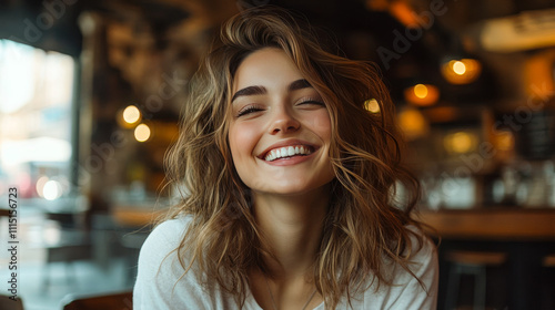 Laughing Woman in Naturally Lit Minimalist Interior, Candid Happiness and Lifestyle