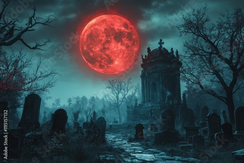 Blood Moon Over An Ancient Graveyard at Night