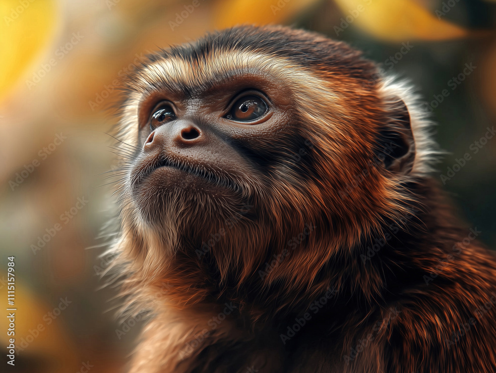 Capuchin Monkey, Cebus capucinus, close up with warm tones in a natural forest
