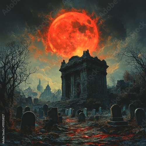 Blood Red Moon Over Ruined Cemetery Graves photo