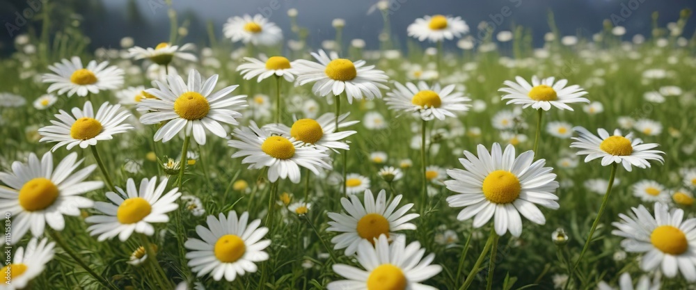 Fototapeta premium lush chamomile flowers swaying in the gentle summer breeze, summer flowers, green grass